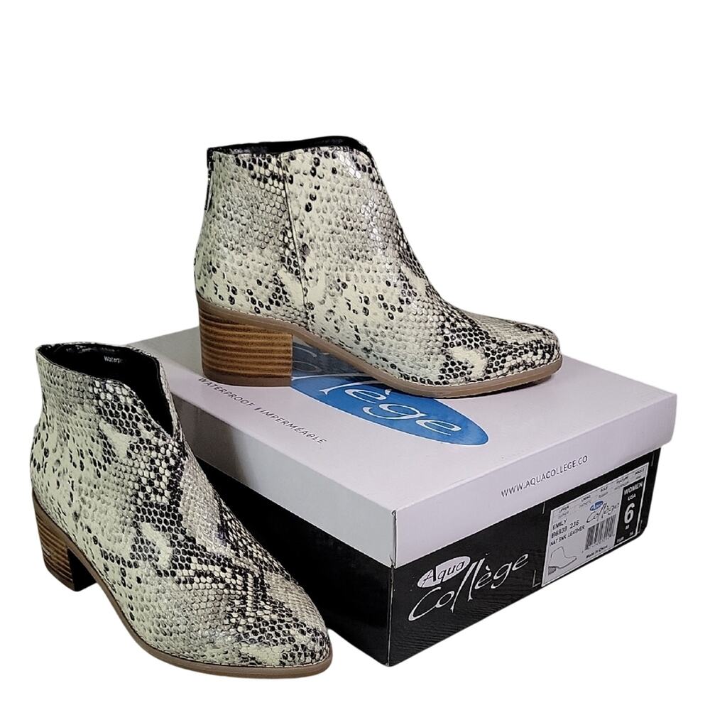 Aqua College Emily Natural Snakeprint Leather Waterproof Ankle Boot Womens 6 NEW